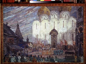 Modeste Muszorgszkij (1839-1881) "Borisz Godunov" című operájának előkészítő dekorációja (M. Moussorgsky Borisz Godunov című operájának színpadtervezése). Alekszandr Jakovlevics Golovin (Alexander Golovin) (1863-1930) munkája, gouache kartonon