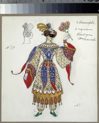 Jelmeztervezés Mihail Lermontov (1814-1841) Le bal masque című színművéhez (M. Lermontov Az álarcos színdarab jelmezterve). Alekszandr Jakovlevics Golovin (Alexander Golovin) (1863-1930) munkája, akvarell, gouache, tus és ceruza padon