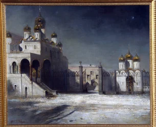Katedrális tér a moszkvai Kremlben éjjel. (A Katedrális tér a Moszkvai Kremlben éjjel). Alekszej Kondratyevics Savrasov (Savrasov) (1830-1897) festménye, olaj, vászon