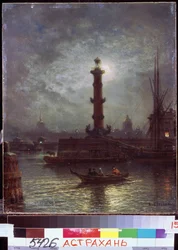 ""Holdfény a Néván a szentpétervári tőzsde közelében"" Alekszej Petrovics Bogoljubov (Bogoliubov vagy Bogoliubov) festménye (1824-1896) Állami B. Kustodiev Művészeti Galéria, Asztrahán