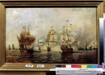 Nagy északi háború (1700-1721): az első orosz svéd tengeri ütközet az Osel-szigeteken 1719. június 4-én. (Első orosz svéd haditengerészeti csata az Osel-szigeten). Alekszej Petrovics Bogoljubov (Bogoliubov vagy Bogoliubov) festménye (1824-1896). olajat rád