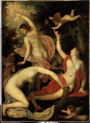 Graces és Cupido (Graces and Cupido). Alessandro Varotari Il Padovanino (1588-1649) festménye. Velencei művészet, manierizmus. Olajfestmény. Ermitázs Múzeum, Szentpétervár