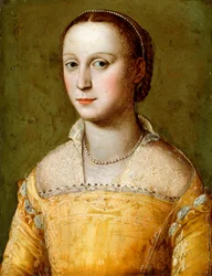 Eleanora d"Este portréja, félalakos, arany ruhát visel,