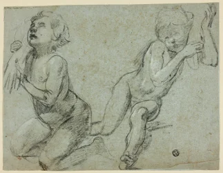 Vázlatok: Két putti, az egyik a halott Krisztus kezét tartja (recto); térdelő alak törzse és lábai (verso).