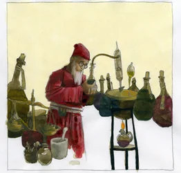 Alkimista a laboratóriumában fiolákkal és állóképekkel körülvéve Illusztráció: Alessandro Lonati