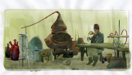 Alkimista a laboratóriumában tégelyekkel és desztillálóval (alkimista a laboratóriumában tégelyekkel és desztillálóval) Illusztráció: Alessandro Lonati