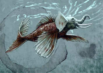 Fantasztikus szörnyek és lények, kriptozoológia: egy makara ábrázolása, az indiai mitológiai bestiárium vízi állata; ormánya az elefántfókához teszi hasonlóvá, krokodilfoga és halfarka van