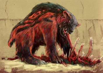 Fantasztikus szörnyek és lények, kriptozoológia: a Nandi-medve, amely Tanzánia és Kenya szavannáin él (kerit, chimit, kikambungure, duba és sabroukoo) - (Nandi-medve, más néven Ngoloko) Alessandro Lonati rajza, 2012