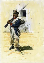 Első Birodalom (1804-1804 és 1815): a nagy napóleoni hadsereg francia gyalogdandárjának gyalogos katonája és tüzére egy erődben. Alessandro Lonati rajza.
