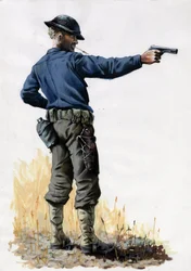 Első világháború 1914-1918: az amerikai hadsereg gyalogosa pisztollyal 1917-ben a nyugati fronton. Alessandro Lonati rajza