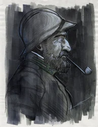 Első világháború 1914-1918: Az olasz hadsereg egyik katonájának profilképe 1915-ben pipázva. Alessandro Lonati rajza