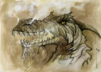Illusztráció egy fantasztikus és legendás állatról: sárkányfej, amely kiutasítja a füstöt a pofán keresztül. Alessandro Lonati színes rajza.