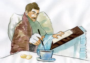 Marcel Proust, mint egy beteg ember, aki Elisabeth nagynénje teájával ír (tinta papíron)