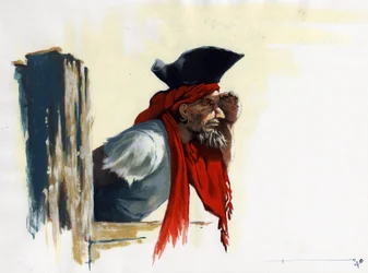 A Karib-tenger kalóza nézi a horizontot. Alessandro Lonati rajza.