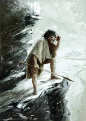 Őstörténet: egy neandervölgyi ember (neandervölgyi vagy neandervölgyi: Homo sapiens), a hó alatt, egy sziklán ülve nézi a horizontot. Alessandro Lonati rajza