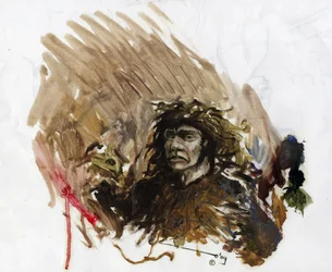 Őstörténet: egy neandervölgyi vagy neandervölgyi ember ábrázolása a középső paleolitikumban. Alessandro Lonati rajza