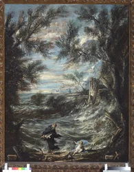Szent Ágoston és a baba (St Augustine And The Baby). Alessandro Magnasco festménye, il Lissandrino (1667-1749)