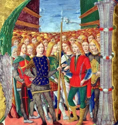 Történelmi kezdetű N, amely Szent Mauritiust és a Thébai Légiót ábrázolja, Lombardia Iskola, 1499-1511 körül