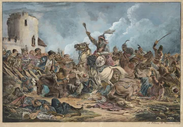 Bataille entre les Georgiens et les tribus de montagne - Csata a grúzok és a hegyi törzsek között - Orlowski (Orlovsky), Alekszandr Osipovich (1777-1832) - 1826 - Litográfia, akvarell - 54x77 - Magángyűjtemény