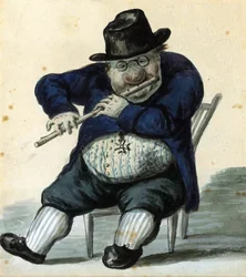 Giacomo Quarenghi (1744-1817) építész karikatúra portréja. (G. Quarenghi építész karikatúra portréja). Szentpétervár főépítésze, távcsövével, ülve, furulyázva díszéremmel ábrázolja.