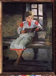 Csodálatos olvasmány. Egy kislány ül az ablaknál, elmerülve a könyve történetében. Alekszandr Alekszejevics Kiszelev (1855-1918 után) festménye, olaj, vászon, 1890 körül. 19. századi orosz művészet. állam Tretyakov Ga