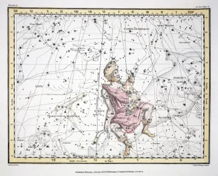 A csillagképek (IV. tábla) Auriga, Camelopaardalis, Telescopium Herschelli, Alexander Jamieson „Egy égi atlasza” című művéből, pub. London 1822 (kézzel színezett metszet)