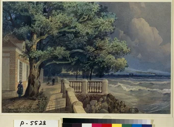 ""Kilátás a Monplaisir-palota teraszáról, Peterhof-palota"" (A Monplaisir-palota terasza, Peterhof) Akvarell: Alekszandr Matvejevics Dorogov (1819-1850) 1847 Állami Ermitázs, Szentpétervár (Ermitázs Múzeum, Szentpétervár)