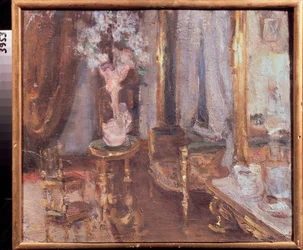 Este a szobában - Alekszandr Valentinovics Sredin (Sredine) (1872-1934) munkája, olaj, karton - Orosz művészet, 19. század vége-XX. század eleje, modernizmus - Állami Regionális I. Pozhalostin Művészeti Múzeum, Rjazan (Oroszország)