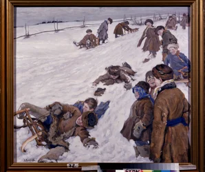 Téli sportok (Winter Sports). Szánkózás jelenet, havas mezőn, melegen öltözött gyerekek szórakoznak és hangosan nevetnek. Alekszandr Viktorovics (Alexander Victor) Moravov (1878-1951) festménye, olaj, vászon