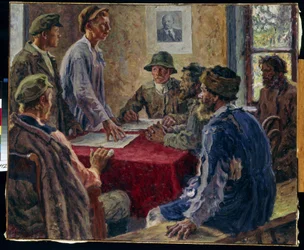 A szegényparasztok bizottságának ülése 1918-ban (A Szegényparaszt Bizottság ülése 1918-ban). Alekszandr Viktorovics Moravov (Alexander Victor) festménye (1878-1951), olaj, vászon