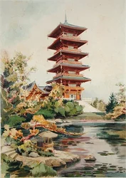 Japán torony a Laeken-i Királyi Parkban, Belgiumban, az Orientalisme et Architecture Contemporaine-ból, Jules Adolphe Chauvet (sz. 1828) metszet (lásd még: 171915, 172965, 172990)
