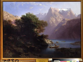""Hegyi táj tóval Svájcban"" (Mountain lake) Alexandre Calame (1810-1864) festménye 1860 Regionális Művészeti Galéria, Tambov Oroszország