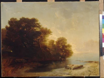 Fák a tónál, Calame, Alexandre (1810-1864). Olaj, vászon, Mérete: 62x81. Állami A. Puskin Szépművészeti Múzeum, Moszkva