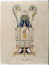 Alexandre Evariste Fragonard (1780-1850) japán kancsóváza akvarellje, 1832 Sevres. Porcelán gyártás