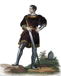 V. Olivier portréja, Clisson (1336-1407), francia rendőrtiszt. Illusztráció Edmond Mennechet "" A francia Plutarkhosz" -ból