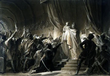 Mária Terézia császárnő (1717-80) bemutatja a leendő II. Józsefet a magyarországi mágnásoknak (grafit, szepia tus és gouache tus, papír, tus)