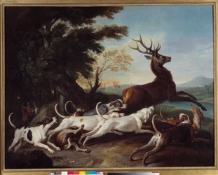 Vadászat: „” Debuche du deer”” Francois Desportes (1661-1743) festménye 1718 V. 1,1x1,45 m Rouen, Szépművészeti Múzeum
