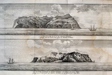 Az Alejandro Selkirk-sziget vagy a Más Afuera-sziget látképe, Juan Fernández-szigetcsoport, Chile, metszet
