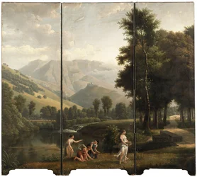 Árkádiai táj virágokat gyűjtögető leányzókkal a folyóparton, mögötte egy dombtetőn található kastély, 1801