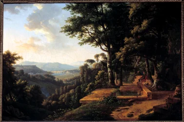Jean Jacques Rousseau (1712-1778) filozófus meditál 1770-ben a Lyon melletti Parc de la Rochecordonban Alexandre Hyacinthe Dunouy (1757-1841) festménye 18. századi Párizs, Musee Marmottan