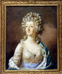 Marie Antoinette (1755-1793), Franciaország királynőjének portréja. Frizurája göndörített (hajfürtök). Alexandre Kucharski (1741-1819) festménye, 18. század, magángyűjtemény