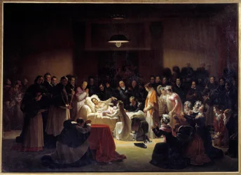 Berry hercegének (1778-1820) utolsó pillanatai a párizsi operában XVIII. Lajos és a királyi család által körülvéve. Alexandre Menjaud festménye (1773-1832)