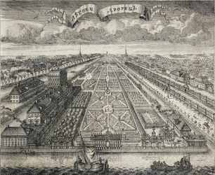 Kilátás a nyári kertekre a Néva folyó felől, 1717