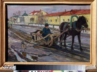 Lószán (Sleigh Ride). Egy orosz falu utcájában télen egy férfi vezet egy csapatot. Alekszej Mihajlovics Korin (Korine) (1865-1923) festménye, olaj, vászon
