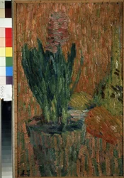 Nature morte (Csendélet). Cserepes virág az asztal sarkán. Alexei von Javlensky (Alexi von Jawlensky, Alexej von Javlenski) (1864-1941) munkája, olaj, karton