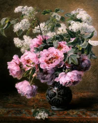 Nyári virágok csendélete bazsarózsával és orgonával. Alexis Kreyder (1839-1912) festménye Magángyűjtemény.