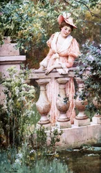 Szabadidős pillanatok. Une femme elegante regarde un bassin appuyee a une balustrade. Peinture de Alfred Augustus I Glendening (1861-ben született - 1903-ban született brit) Collection privee