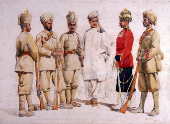 A 19. pandzsábi Afridi of Tirah katonái, illusztrációja G.F. őrnagy „Armies of India” című könyvéhez. MacMunn, 1911-ben, 1909-ben