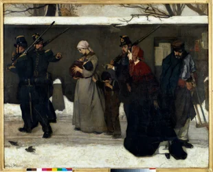 Az úgynevezett csavargás, más néven „A vincennes-i vadászok”: nemzetőrök családokat állítanak meg az utcán. Mérete: 1,3 x 1,6 m. Párizs, Musée d