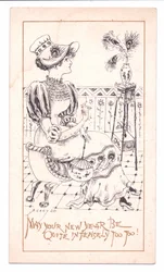 Viktoriánus újévi képeslap egy pávatollas vázát csodáló esztétától, kb. 1881